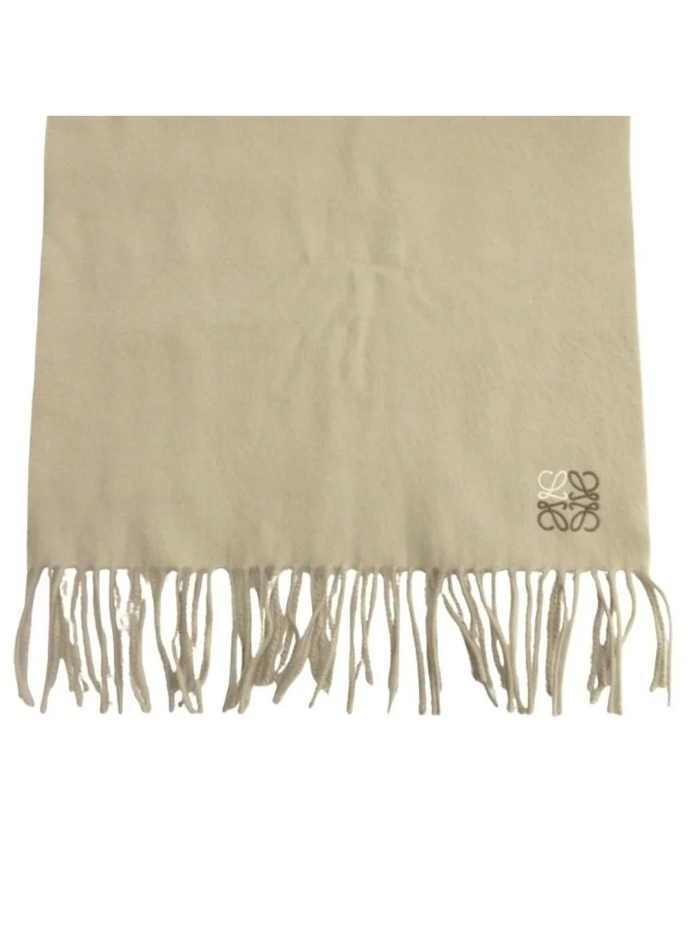 Loewe Cashmere Scarf Anagram Embroidery Logo Shawl Fringe Beige